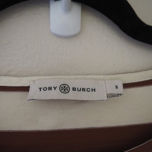 Tory Burch Jersey Striped Long Sleeve Midi Dress in Dark Auburn French Cream - Picture 9 of 11